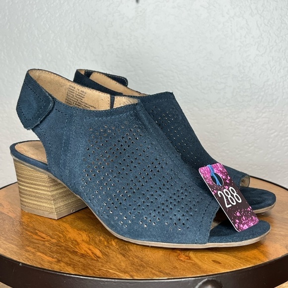 288. Sonoma Blue/Teal Suede Open Toe Cut Out chunky heel sandals size 10 - Picture 3 of 7